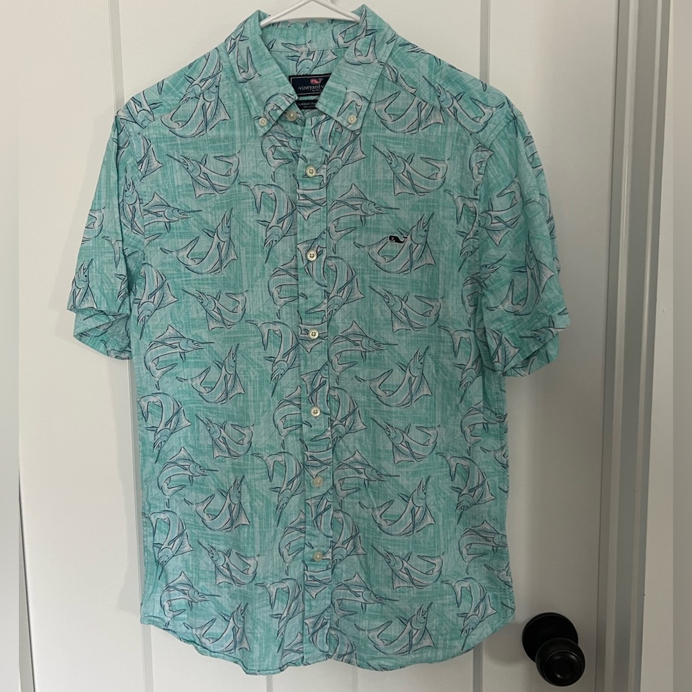 Vineyard Vines: Classic Fit Whale Shirt Turquoise Sail Fish Print: Size XS